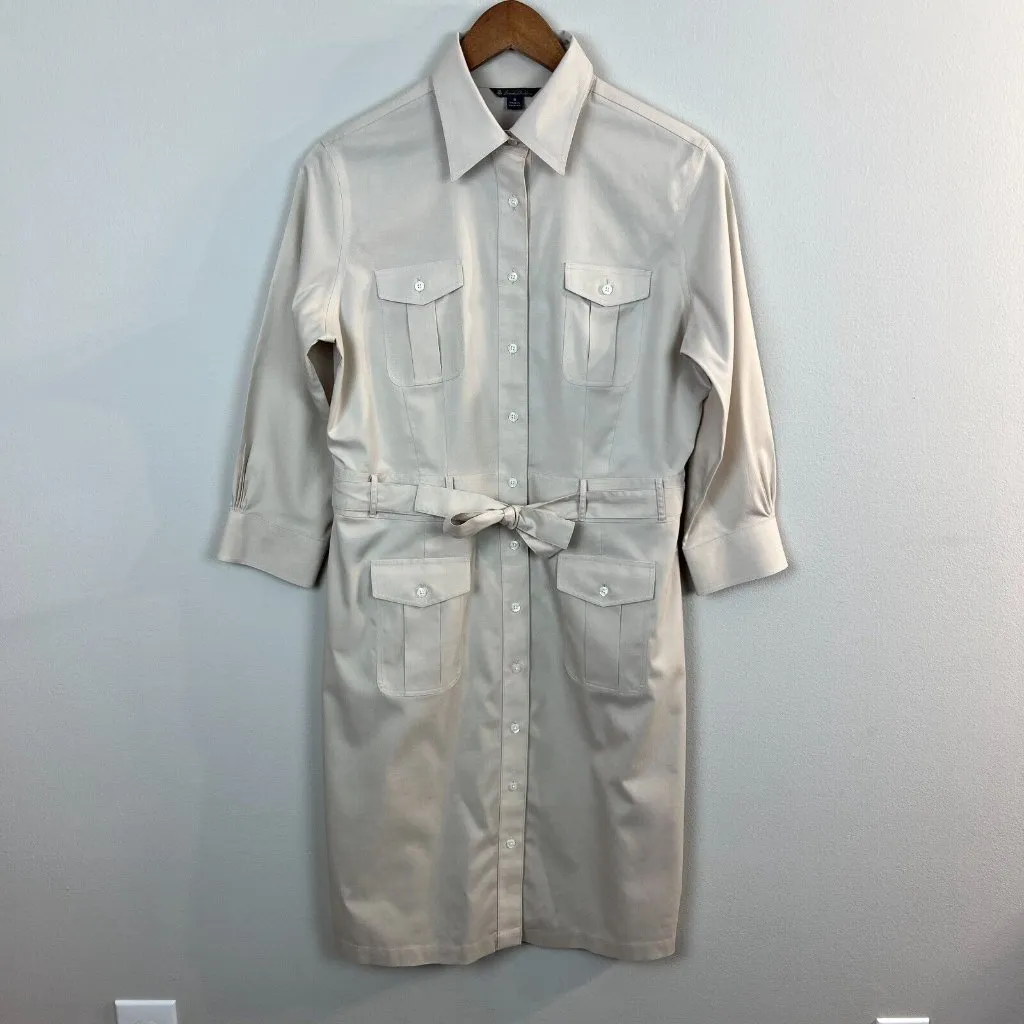 Brooks Brothers‎ Shirt Dress 8 Beige Cargo Safari Belted Long Sleeve Pockets - Image 13