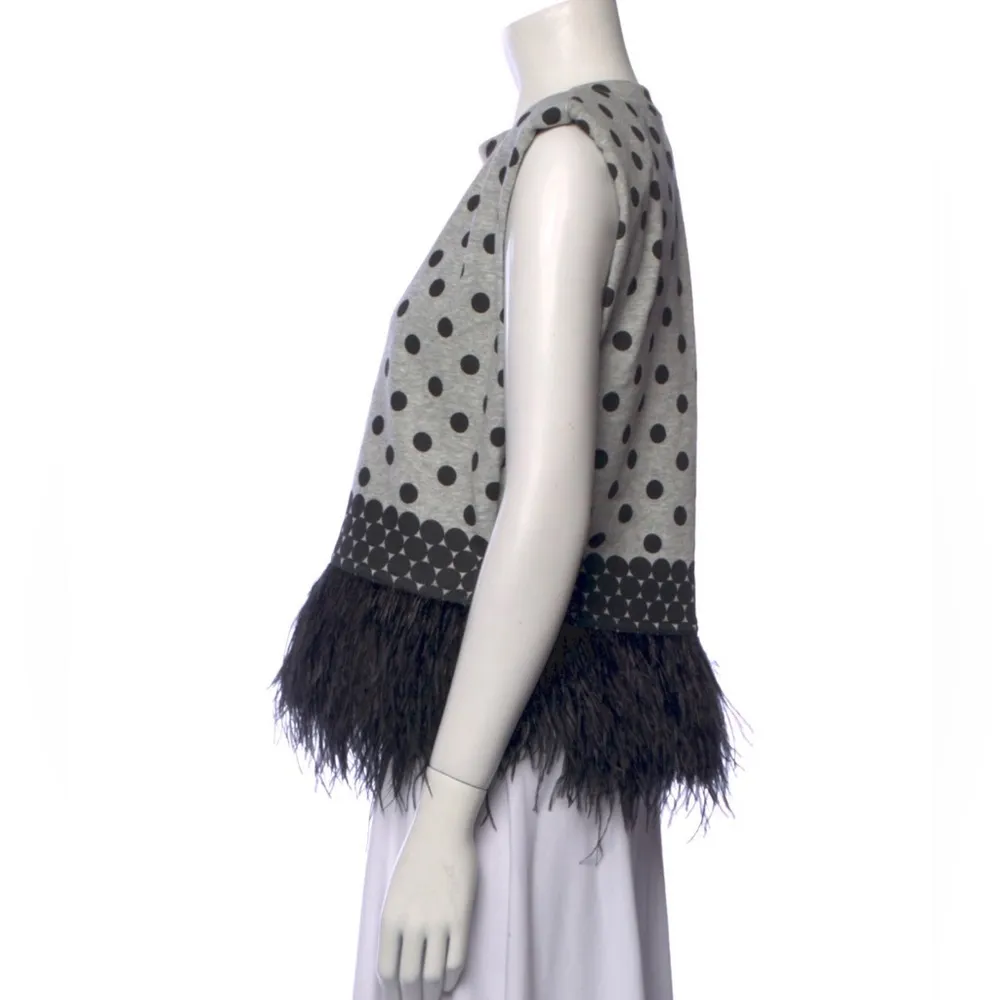 Seeing Double Tank Top Feather Hem Fringe Grey Black Polka Dots sz S - Image 6