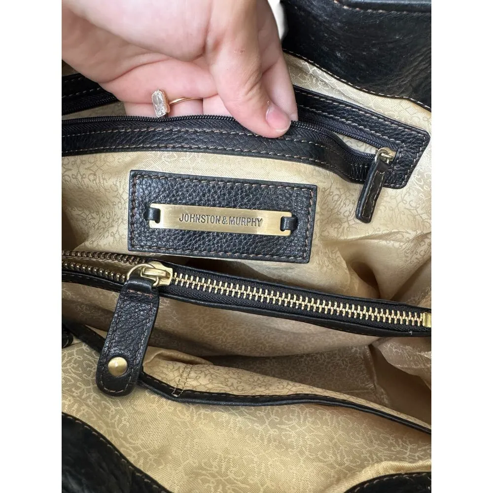 Johnston & Murphy Black Leather Tote Bag Purse Gold Logo Charm | Large Interior - Image 5