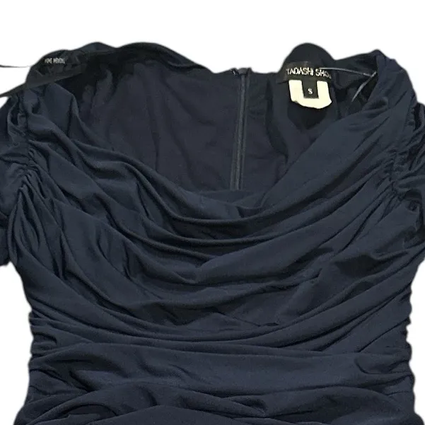 Tadashi Shoji Navy Blue Long Sleeve Wide Neck Bodycon Ruched Drapey Dress S - Image 5