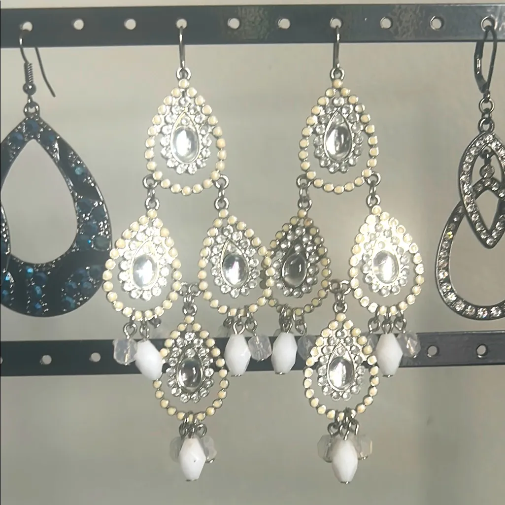 3 Pair Chic Silver Gunmetal Crystal Encrusted Dangle Drop Chandelier Earrings - Image 4