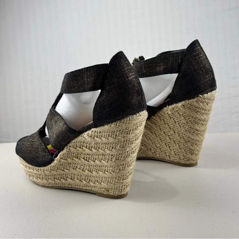 SM Steve Madden New York Black Denim & Gold Wedge Sandal Raffia Women’s Size 9.5 - Image 4