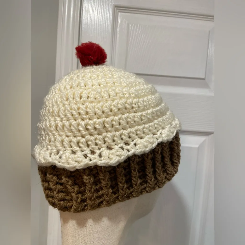 Handmade Crochet Vanilla Cupcake Beanie Winter Hat Stretch Cozy Comfy Warm - Image 5