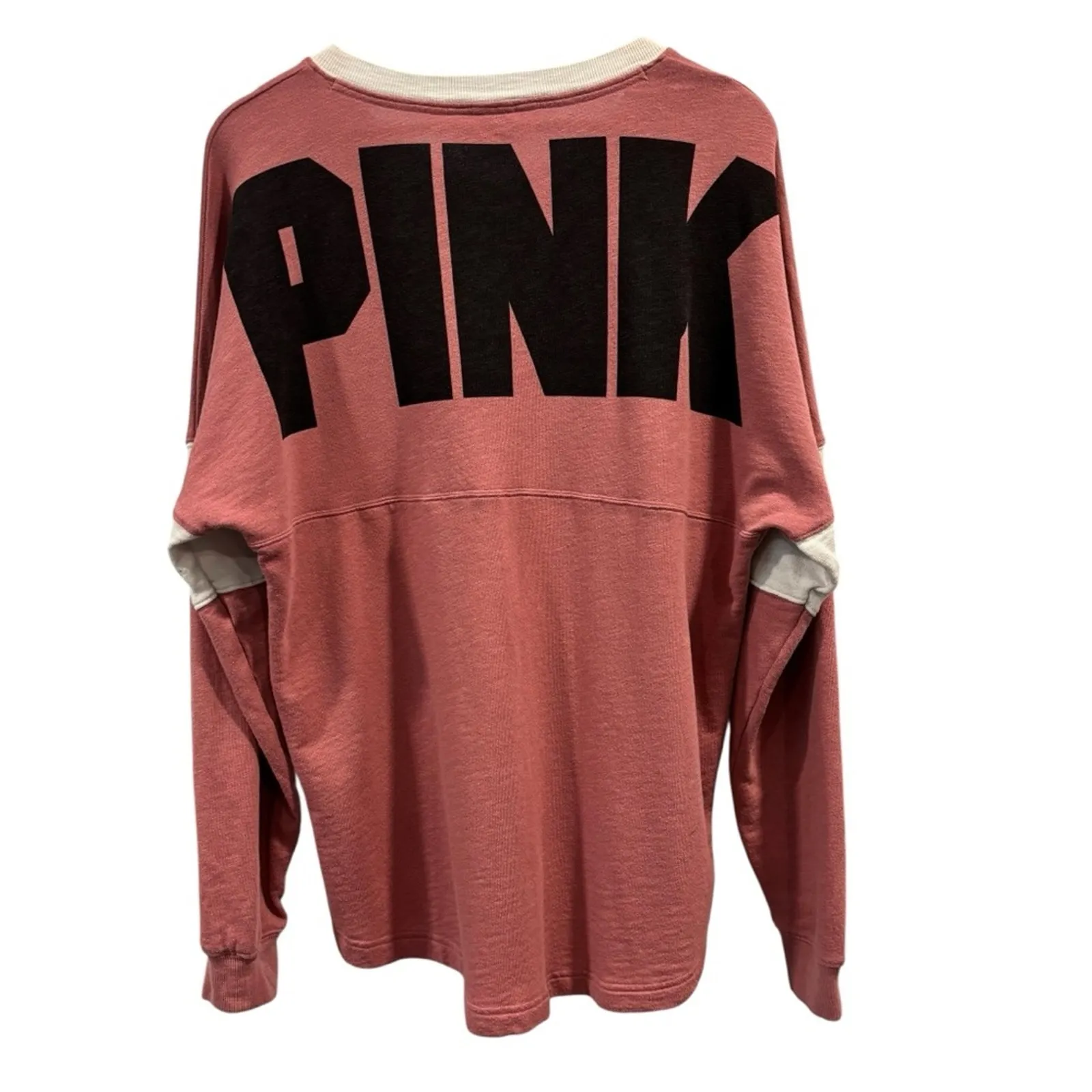 VS PINK White Varsity V-Neck Long Sleeve Jersey Tee Oversized spring, size M - Image 2