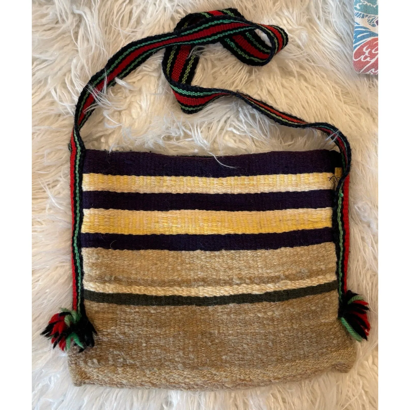 2 Bags VINTAGE Hippie Wool Crossbody & THE OUTFIT Japan Silkscreen Canvas Tote - Image 2