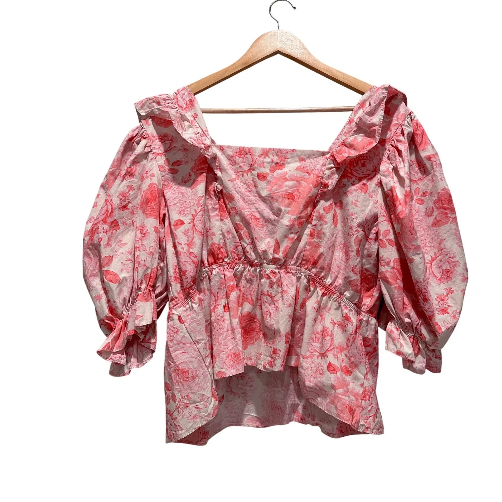 River Island Pink Peplum Puff Sleeve Floral Print Blouse Top Size US 12 - Image 3