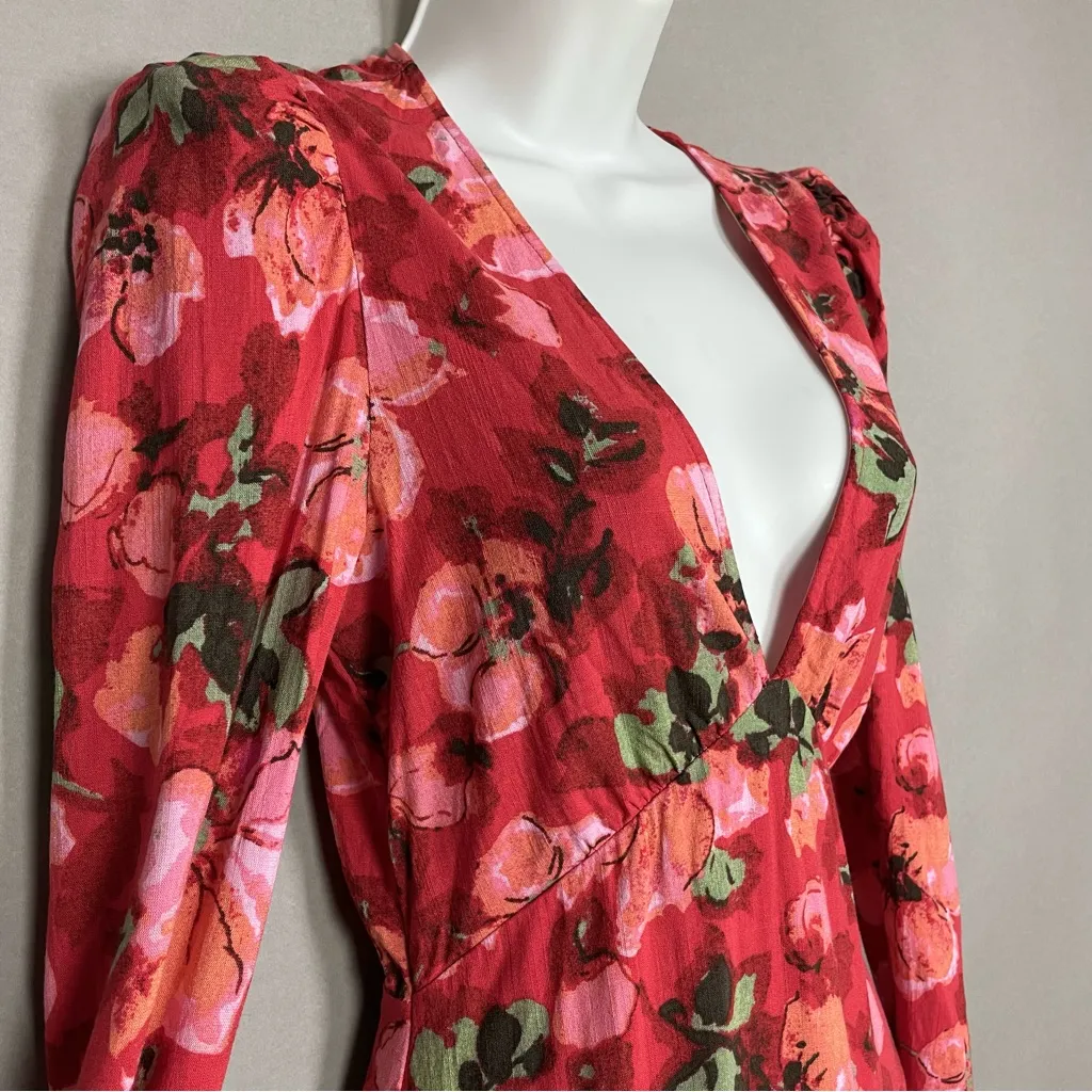 H&M Deep V Dress Floral Long Sleeves Sz XS Mini Red Pink Puff Shoulders Plunging - Image 14