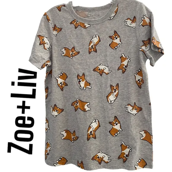 Zoe + Liv short Sleeve Corgi Print Shirt Gray XS - Image 2