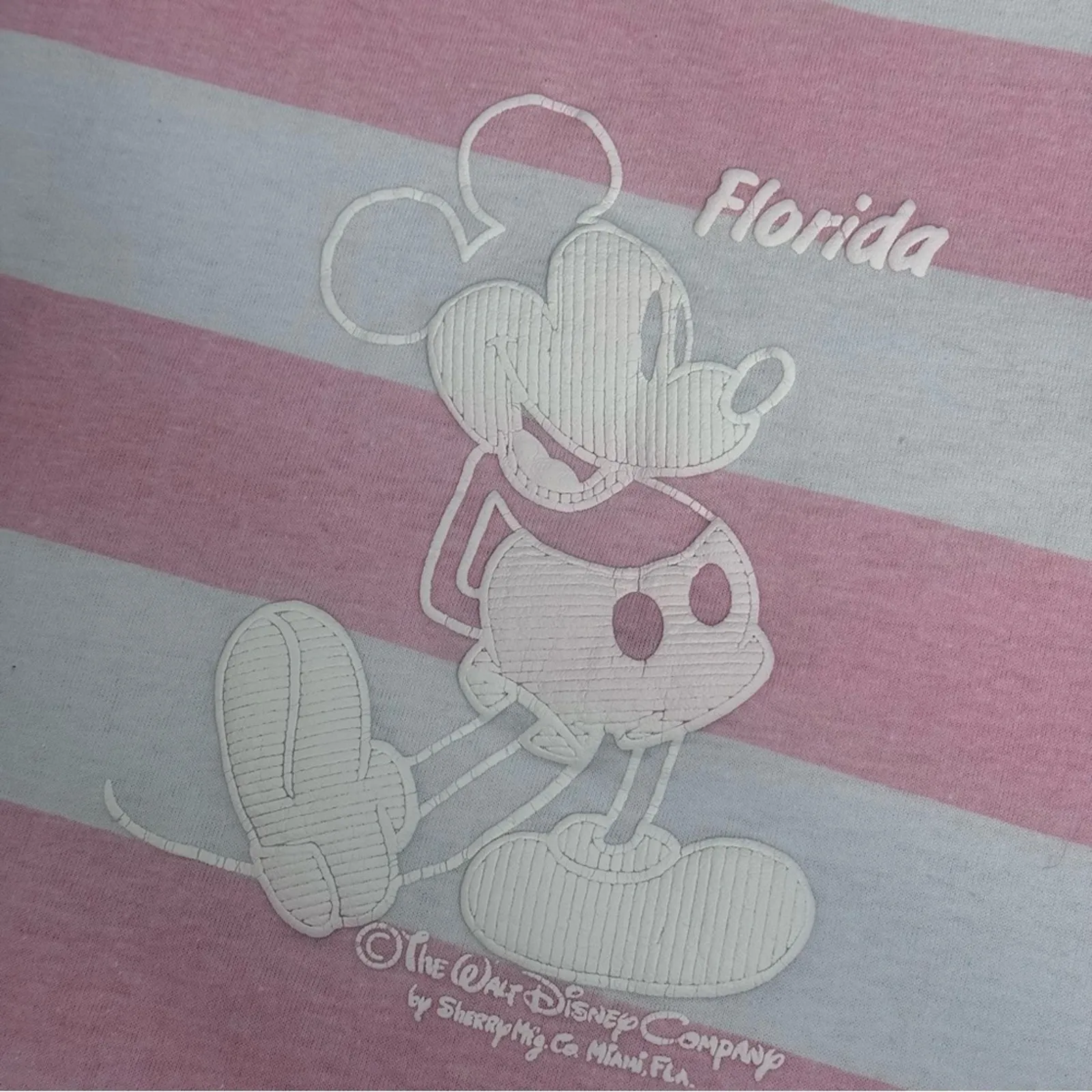 Vintage Mickey Mouse Florida Tee Sherry Mfg Striped Puff Pink White MUSA Disney - Image 2