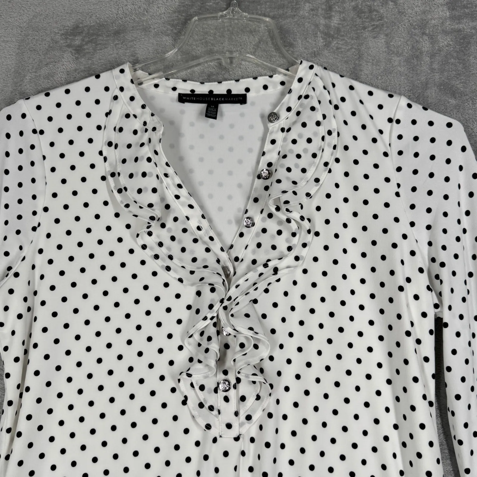 White House Black Market Polka Dot Ruffle‎ Blouse Womens M Retro Office Chic - Image 4