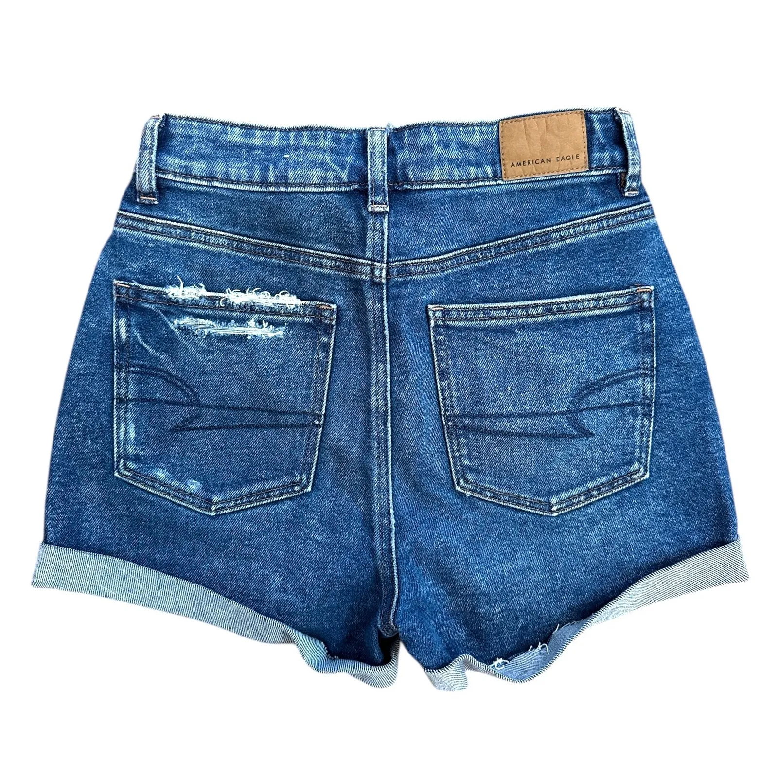 American Eagle Denim Shorts High Waisted Distressed Cuffed Dark Wash Size 00 Blue - Image 6