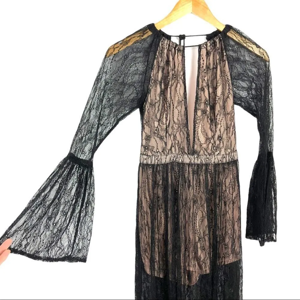 Whyte Eyelash Skirted Maxi Black Lace Sheer Romper Deep V - Image 8