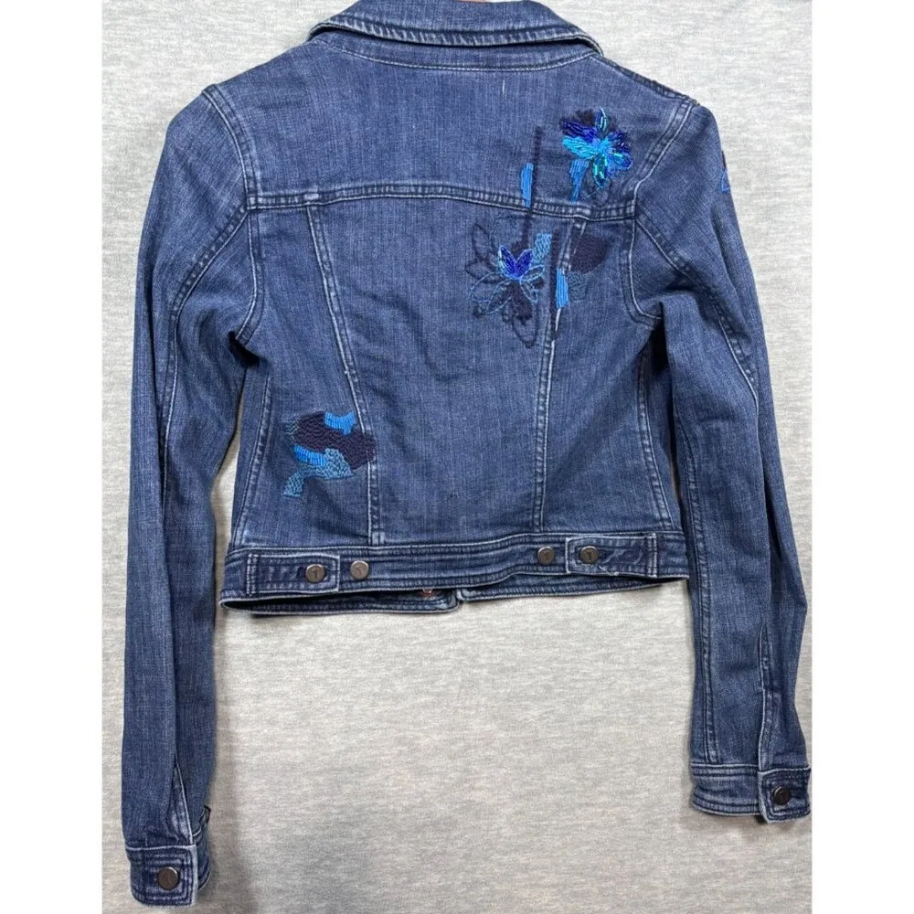 Pilcro & The Letterpress Anthropologie Floral Embroidered Denim Jacket XS‎ Blue - Image 7
