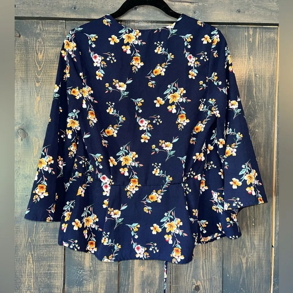 Xhilaration Navy Floral Bell Sleeve Open Front Cardigan‎ Summer Kimono A6 - Image 5