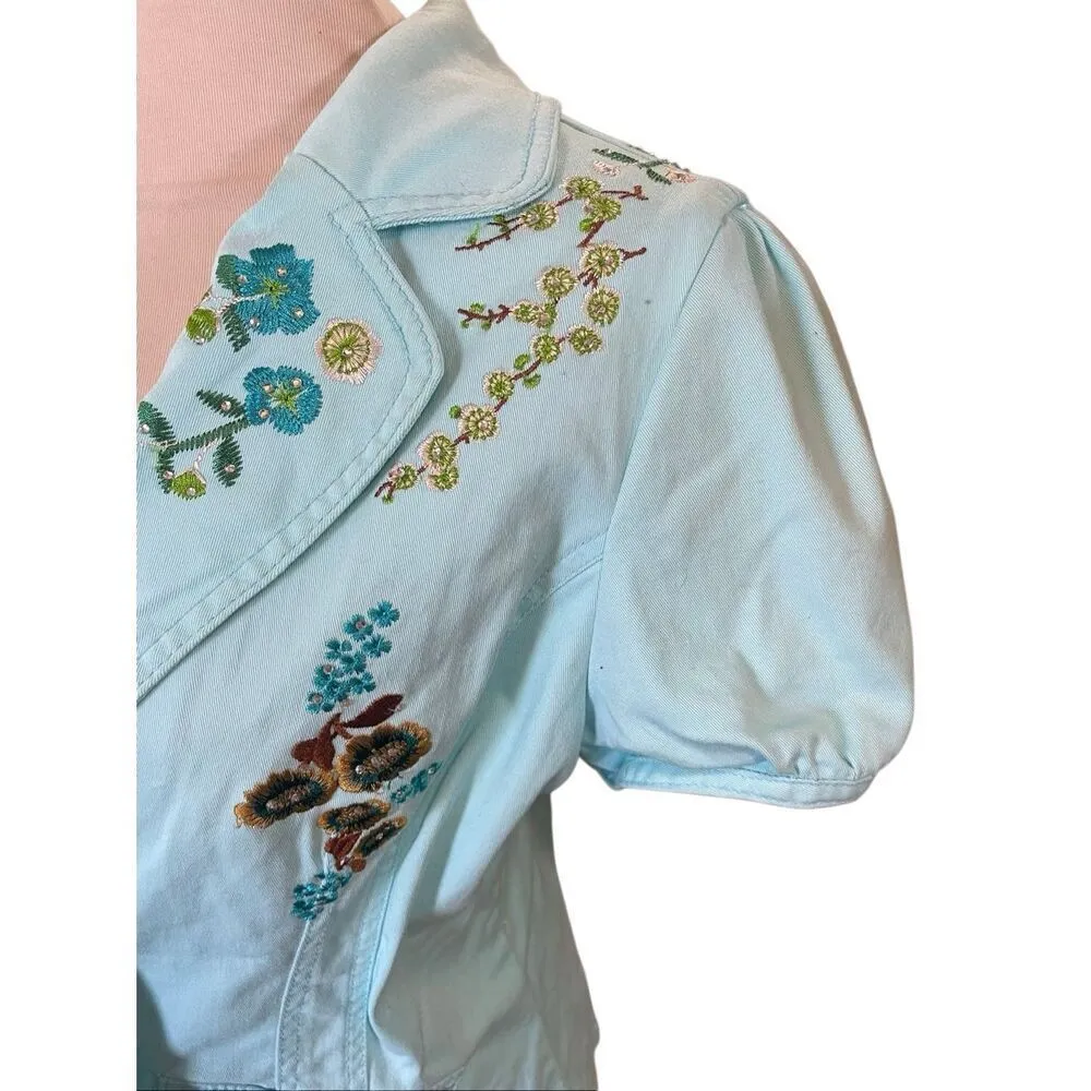Live A Little Aqua Blue Embroidered Rhinestone Lightweight Jacket Size Medium - Image 8