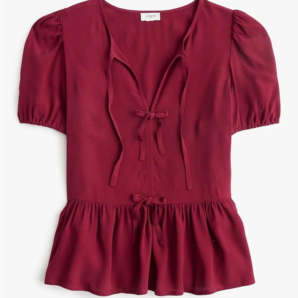 J.Crew NWT Short Puff Sleeve Burgandy Bow Front Blouse Size 12 - Image 3