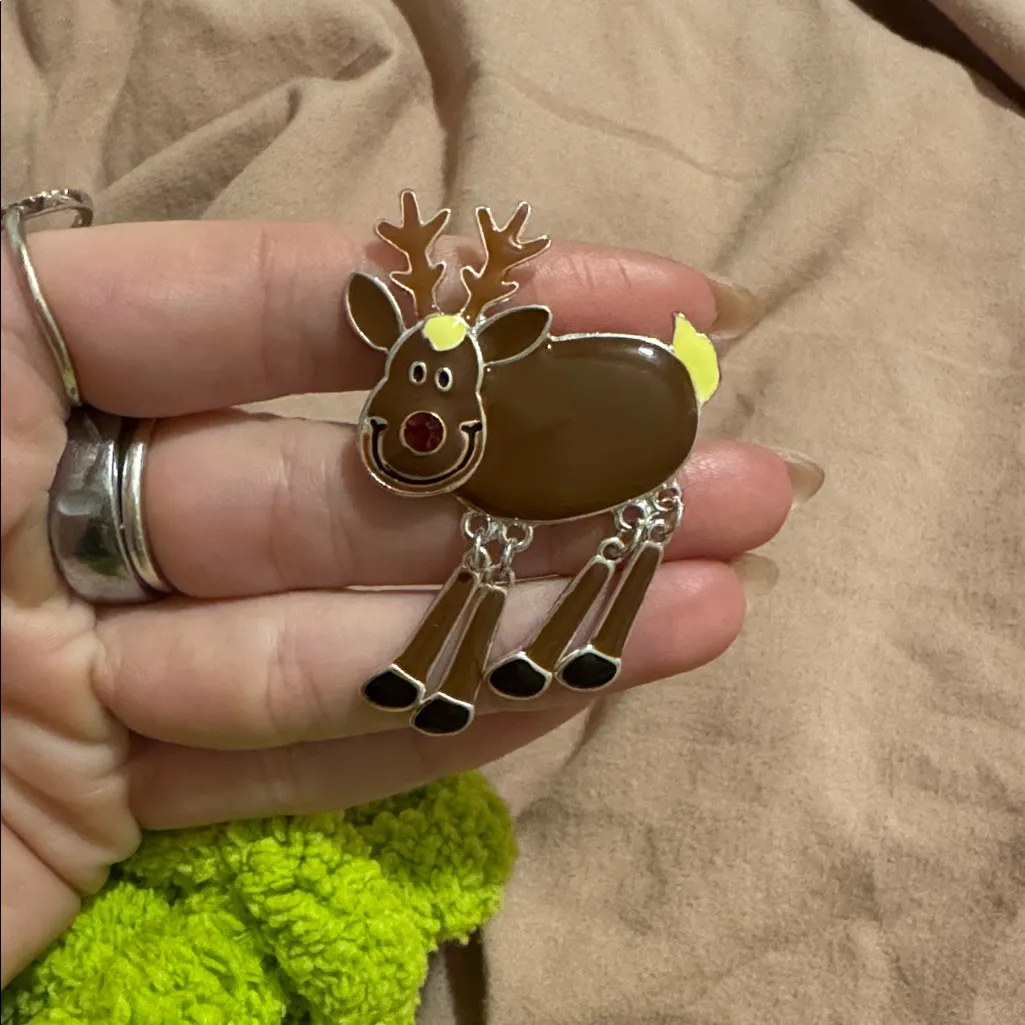 Rudolph Reindeer Brooch: Articulated Legs, Red Crystal Nose Brown - Image 2