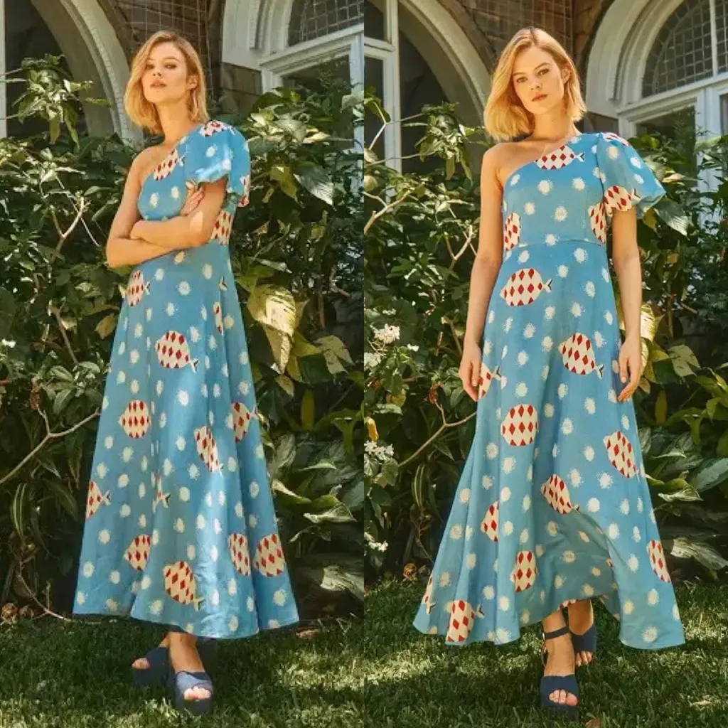 Hunter Bell Carmen One-Shoulder Linen Midi Dress Fish Print Size 0 NWT - Image 15