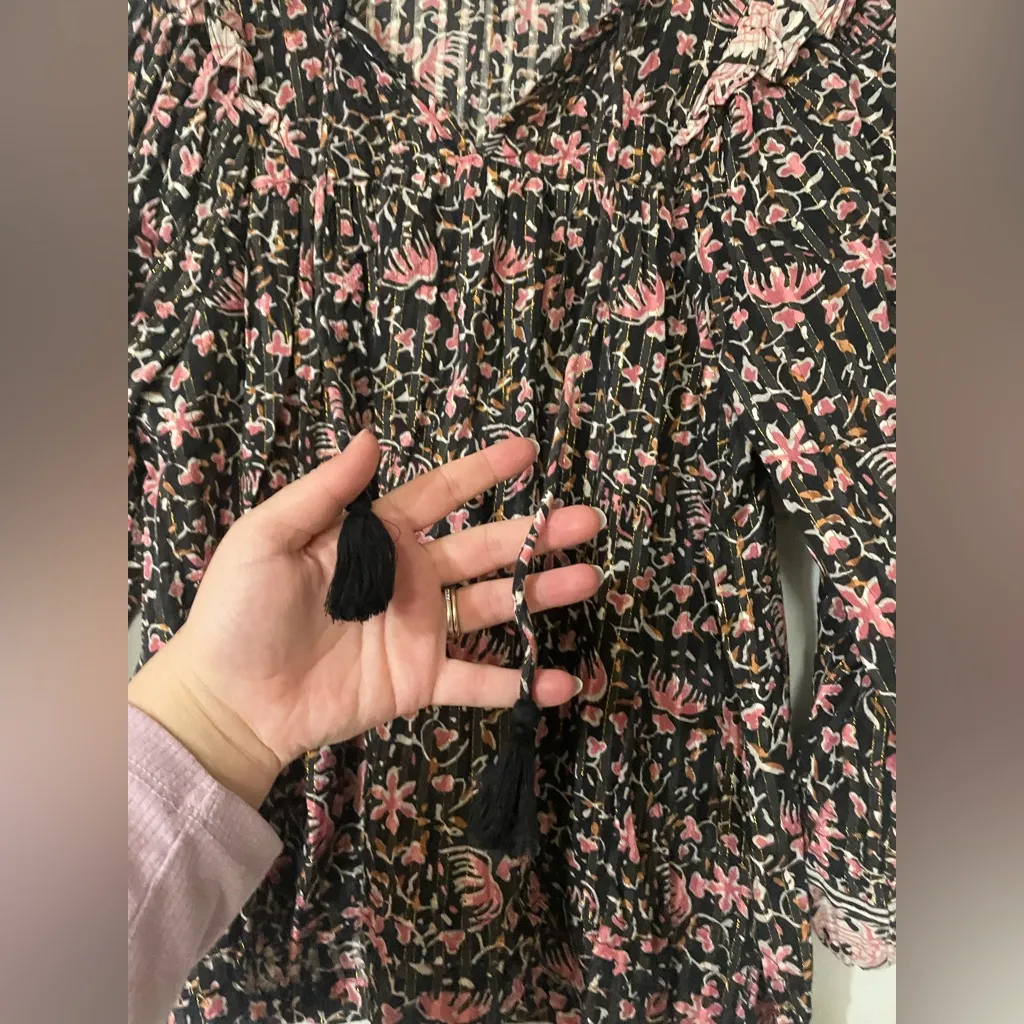Cleobella Brynlee Black Pink Floral Top Blouse L Organic Cotton Split Frill Boho - Image 2