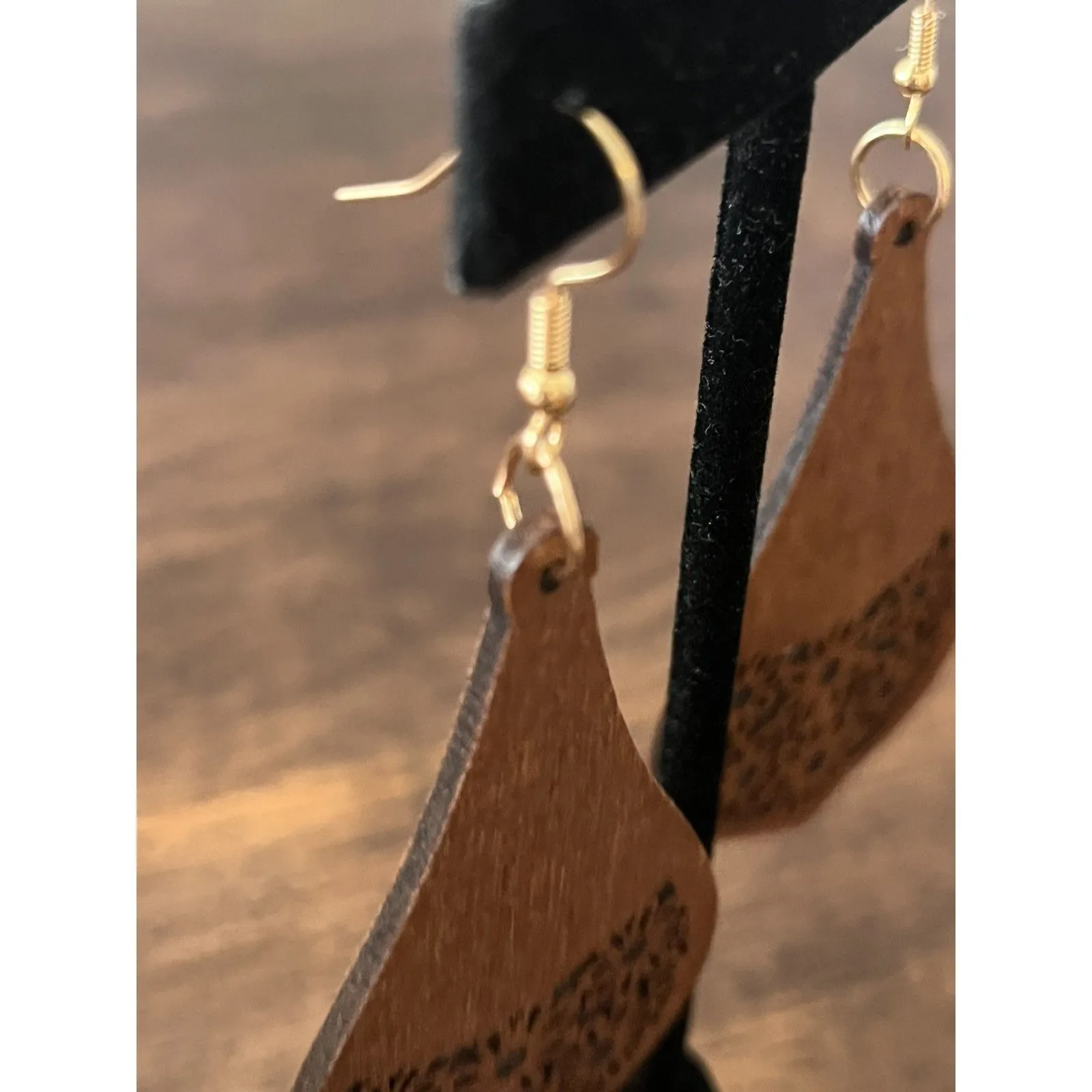 Handmade Long Wooden Dangle Earrings Gold - Image 6