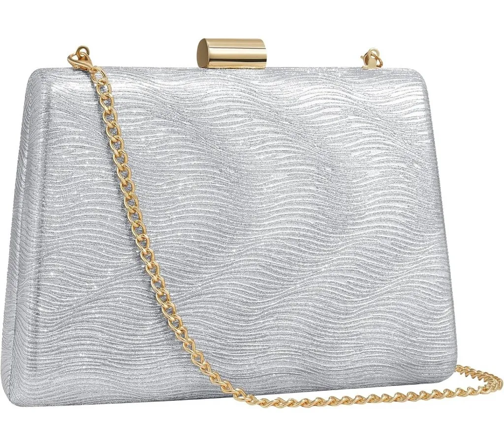 ⚡ Women's Detachable Chain Sparkly Evening Formal Parties Silver Clutch Bag - Image 1