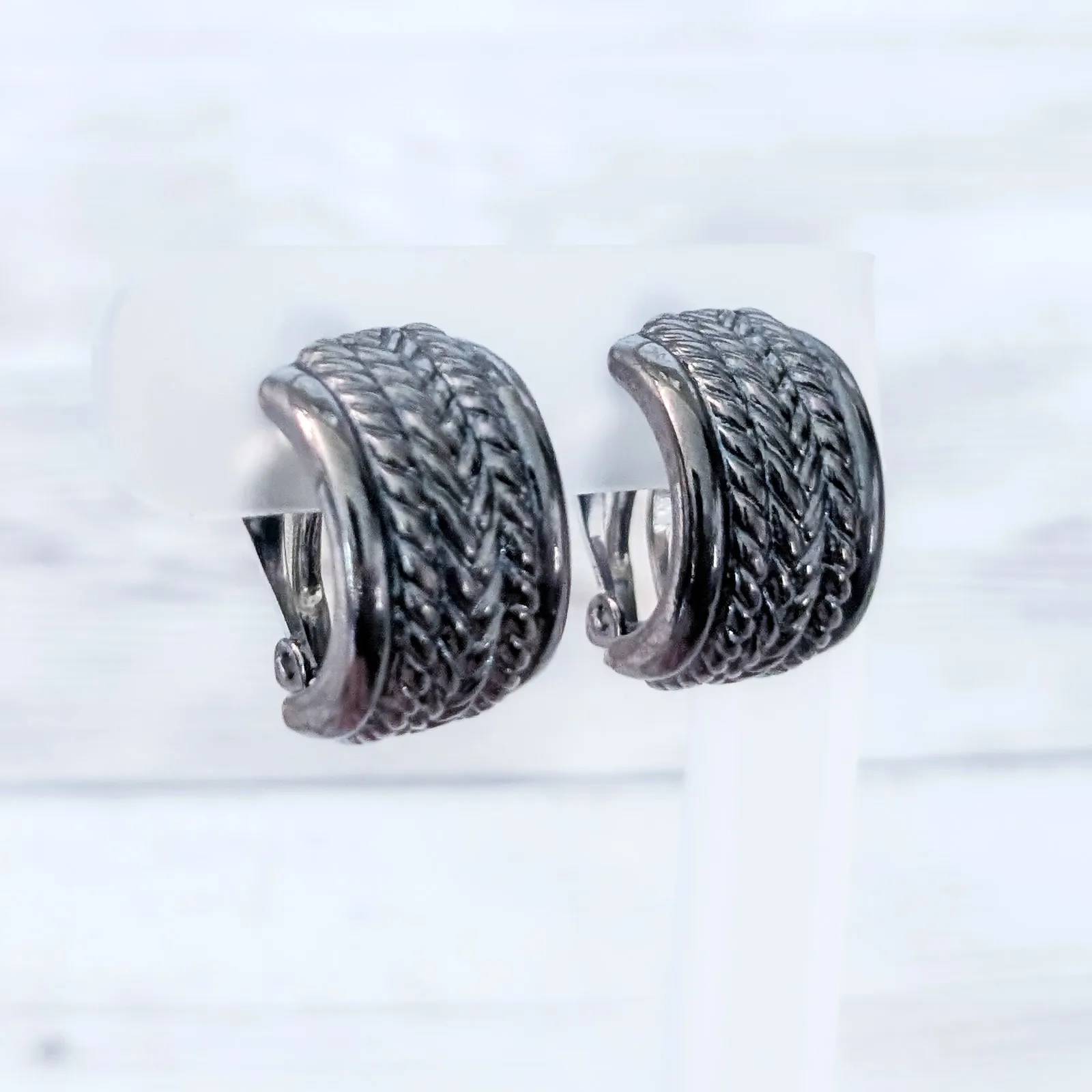 Vintage Clip On Earrings Stunning Dark Metal Chunky Large Statement Half Hoop Gray - Image 2