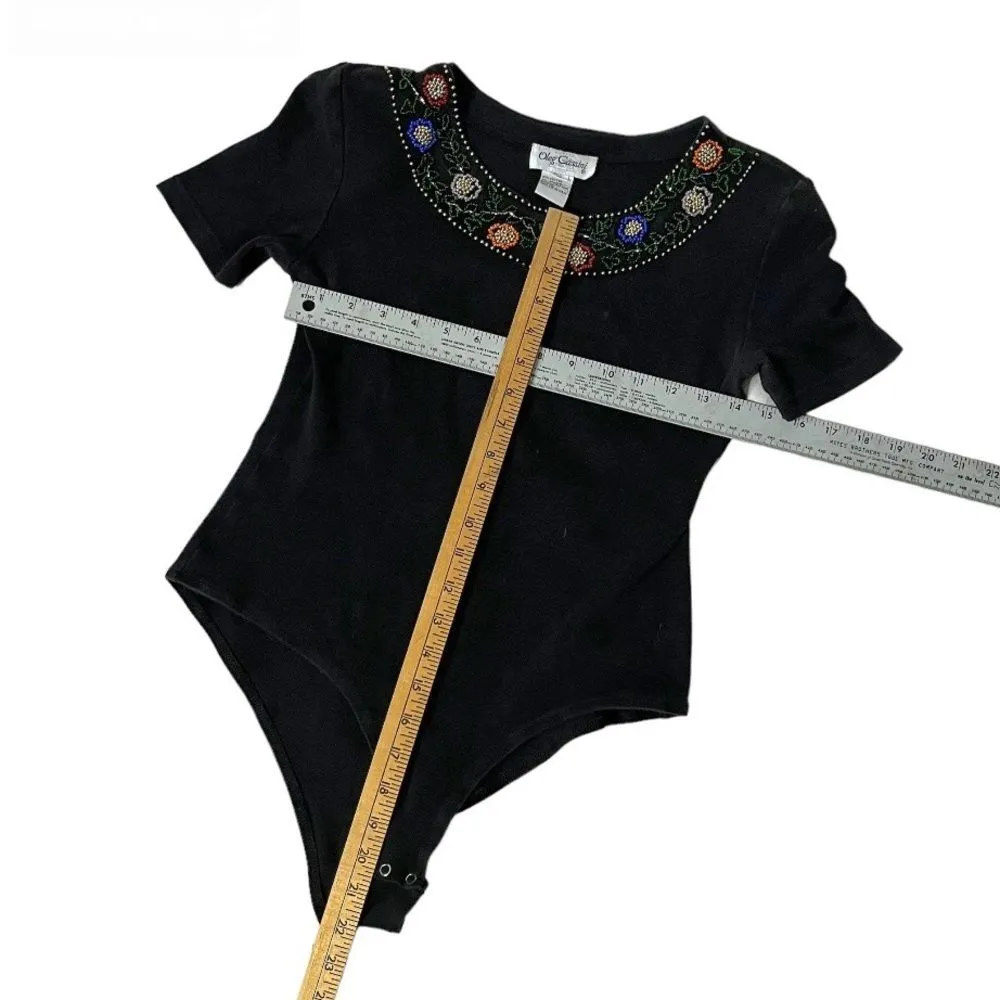 OLEG CASSINI Black Bodysuit Bead Embellished Neckline Size Small VINTAGE - Image 6
