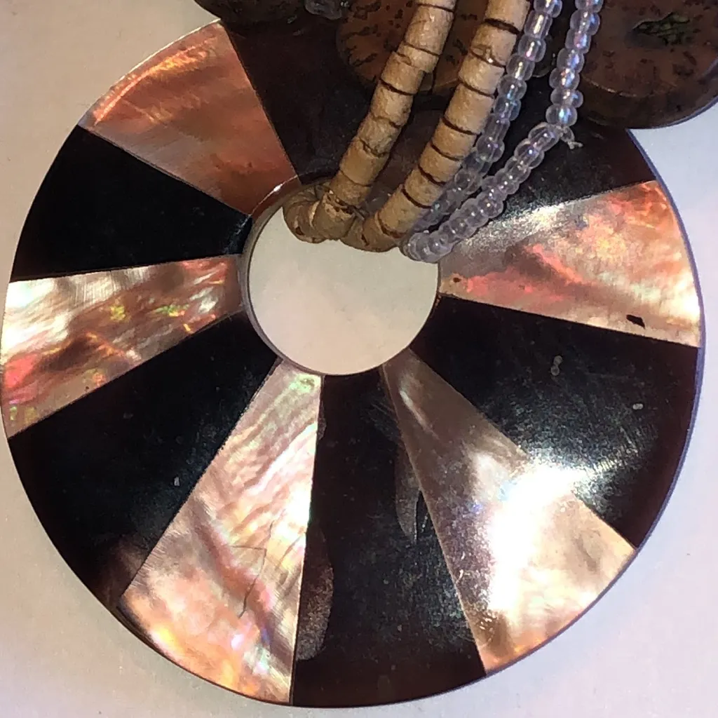 Elegant Brown and Cream Inlaid Mother of Pearl Boho Statement Necklace - Image 2