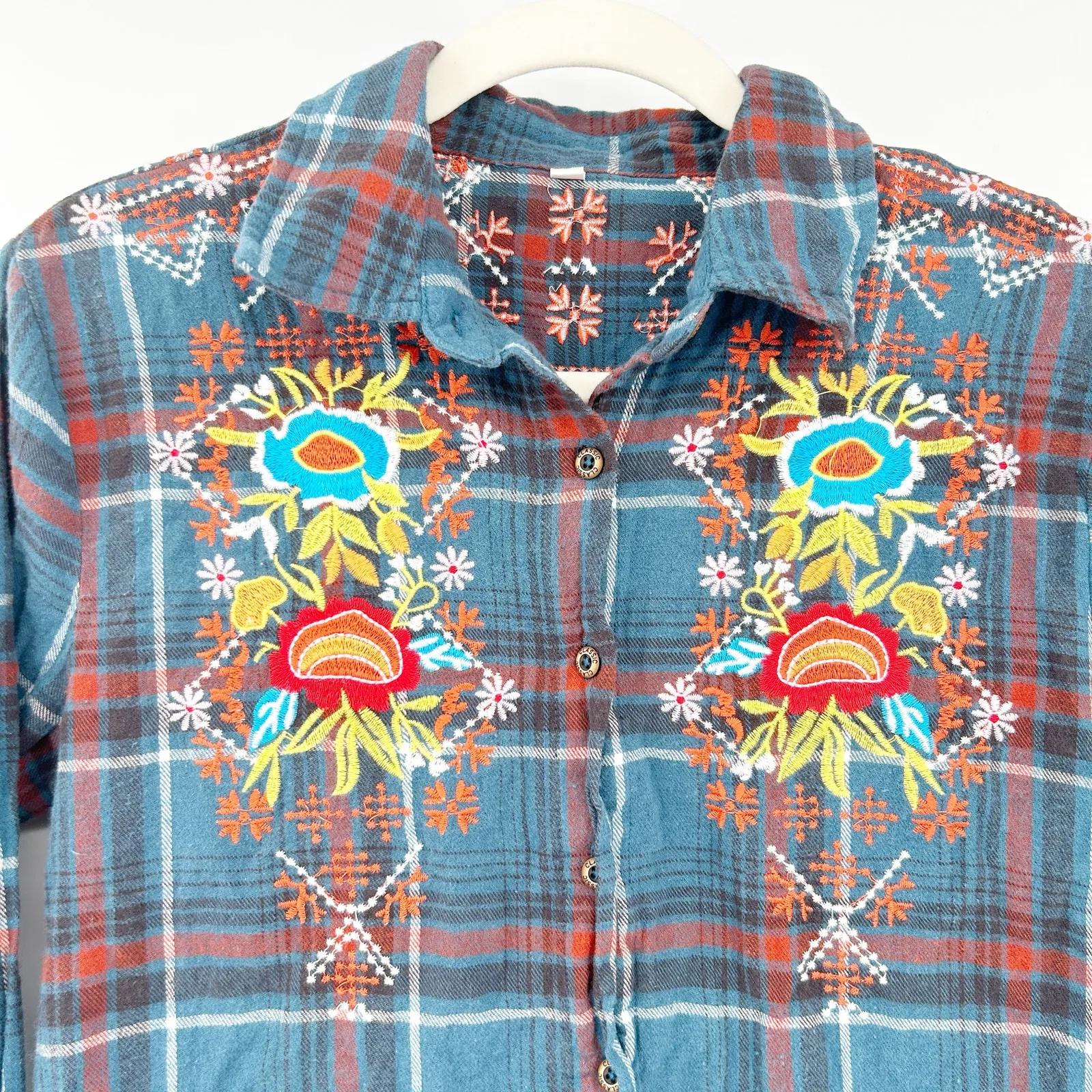 Womens Boho Western Plaid Cowgirl Embroidered‎ Floral Long Sleeve Tunic Blouse S Blue - Image 3