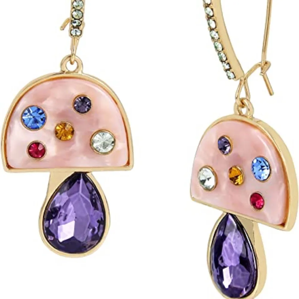 New Rare Betsey Johnson Shepherds Hook Crystal Multi Color Mushroom earrings - Image 2