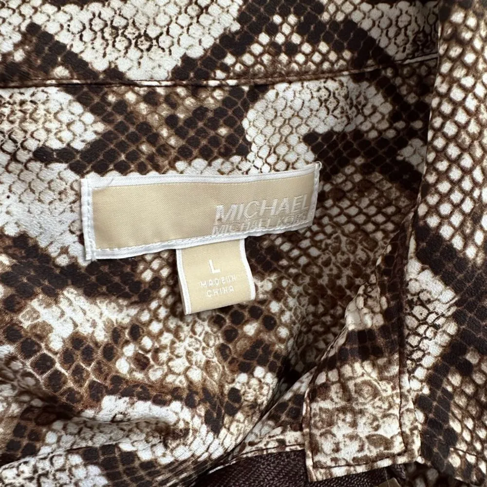 NEW Michael Kors Snakeskin Brown Full Zip Shirt Pockets Logo Long Sleeve Mobwife Size L - Image 9