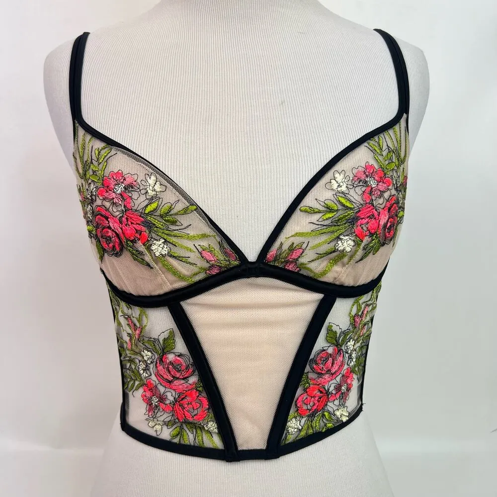 Victoria's Secret Corset Top Size 32C Floral Pink Green Rare Embroidery - Image 8