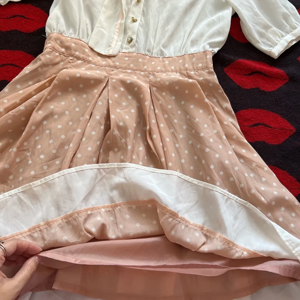 Kawaii beige white polka dot bow chiffon dress XS - Image 4