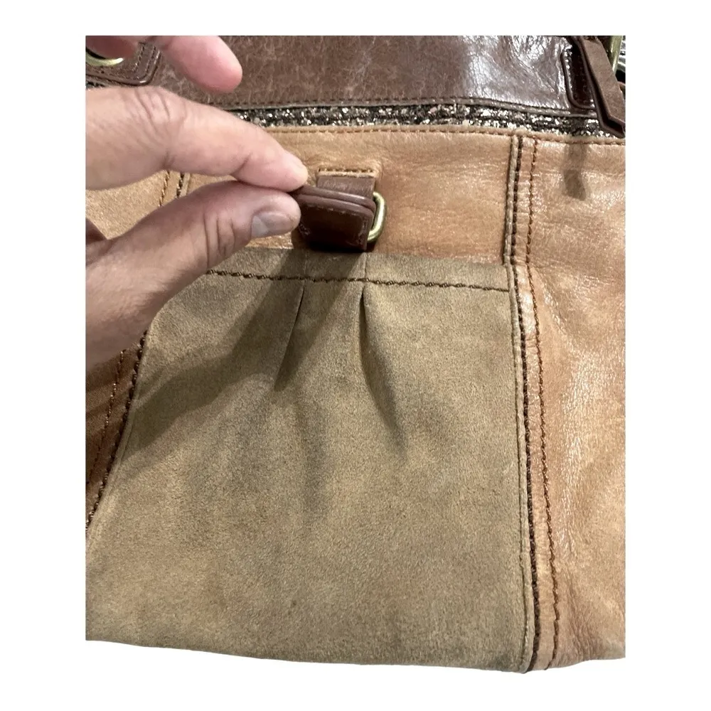 The Sak 2 Toned Brown Distressed Leather Kendra Crossbody Purse Bag Hippie Boho - Image 5