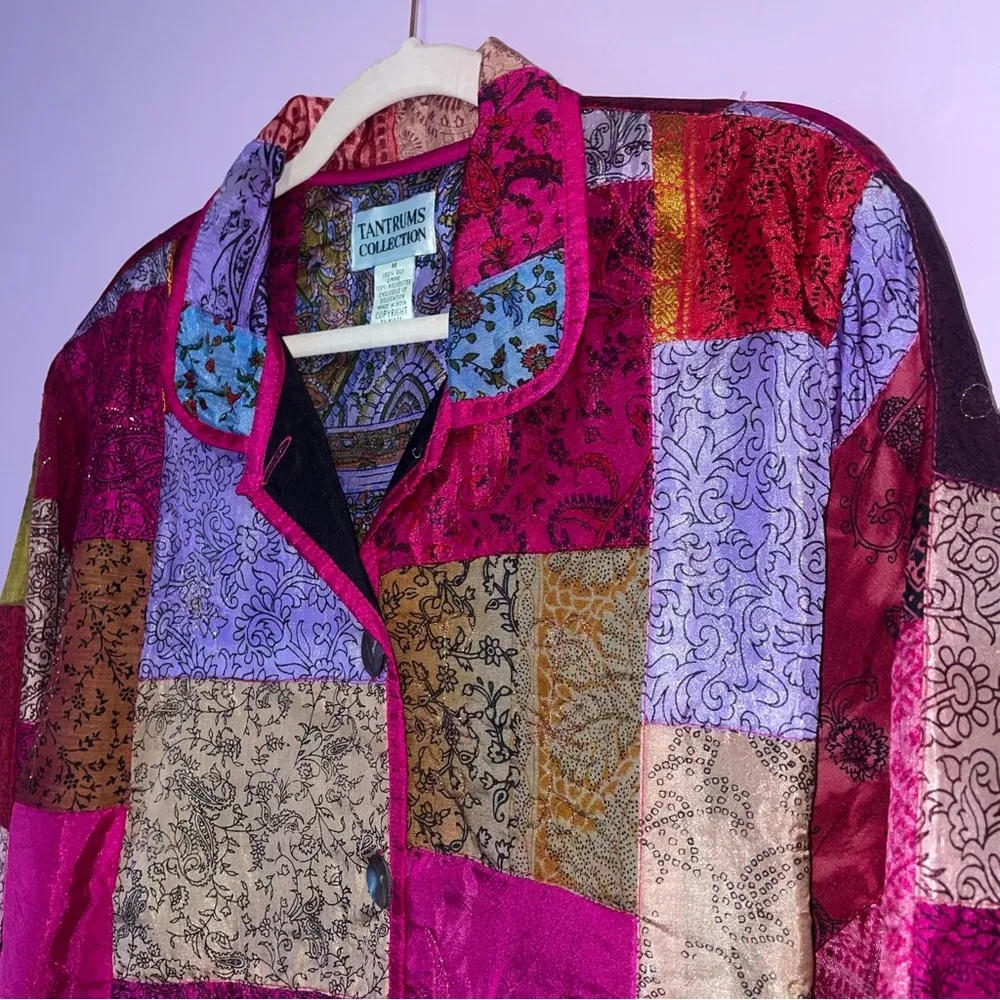 Vintage Tantrums 100% Silk Multicolor Patchwork Jacket Cardigan Blazer Size M - Image 2