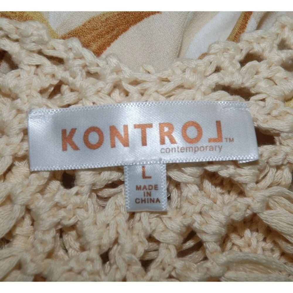 Kontrol Cream Cover Up Cardigan Size L Crochet Trim & Fringe Palm Print Beach - Image 11