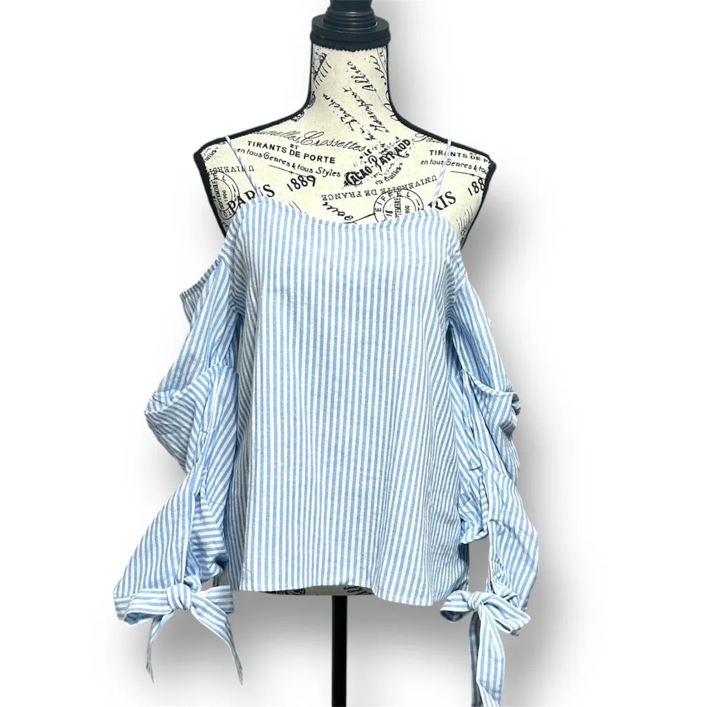 After Market S Blue White Cold Shoulder Striped Peasant Cottagecore Blouse NWT - Image 2