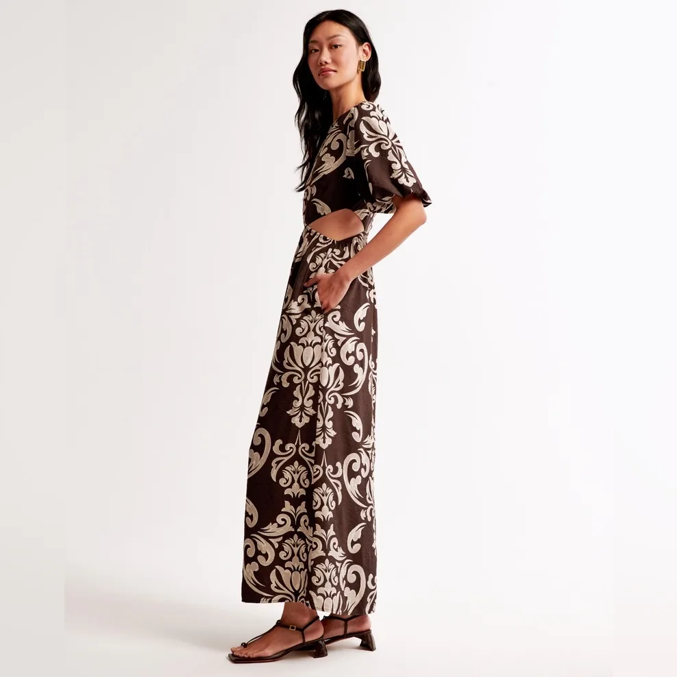 Abercrombie & Fitch Short Puff Sleeve Cutout Maxi Dress Brown Tan Floral Pattern - Image 3