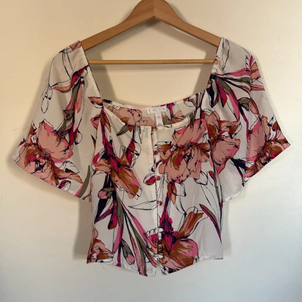 Leith White Pink Floral Button Front Cropped Blouse‎ Square Neck Top Size Medium - Image 7