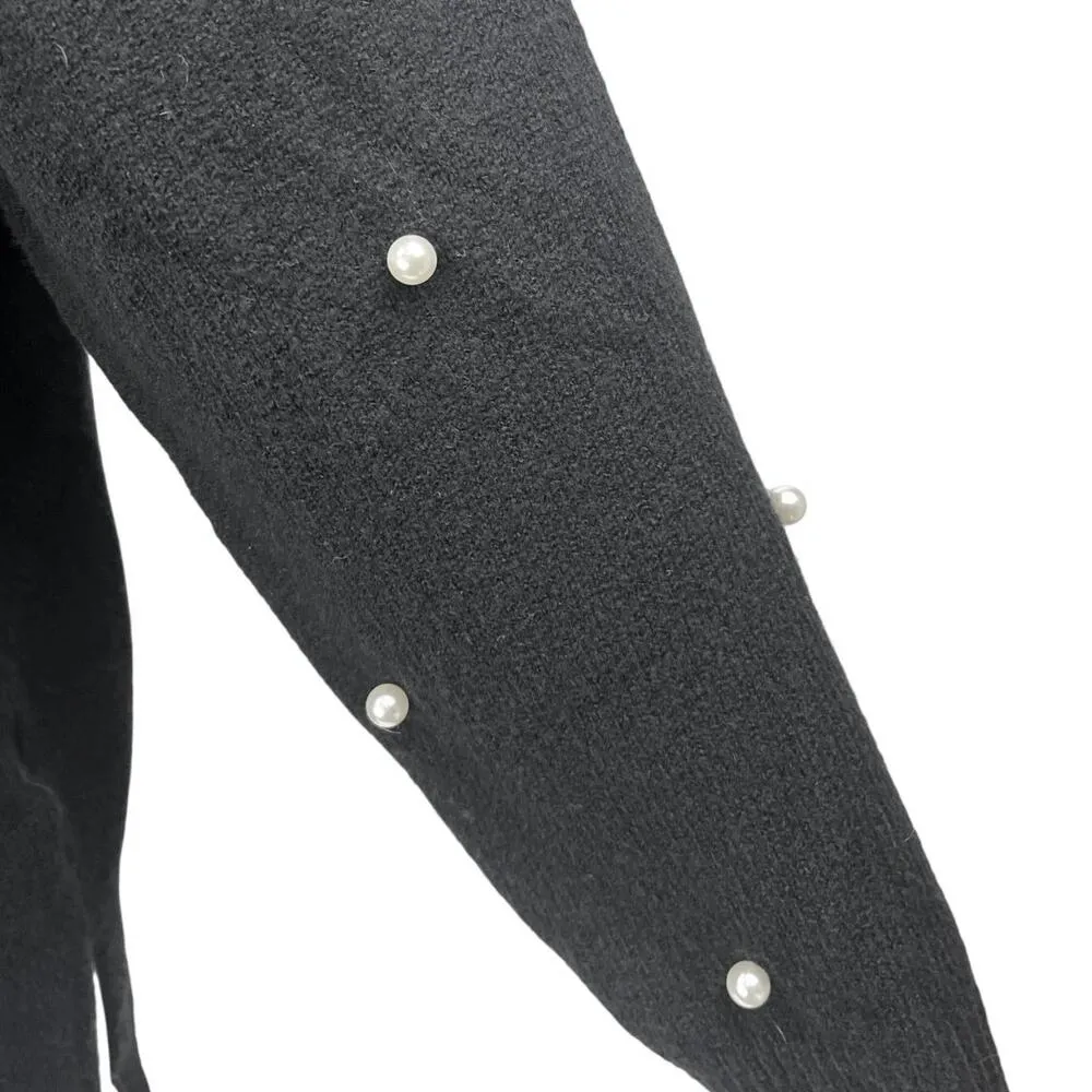 Fore Women's Black Long Sleeve Pearl Beaded Knit Mock Neck Sweater Tunic Top S - Image 4