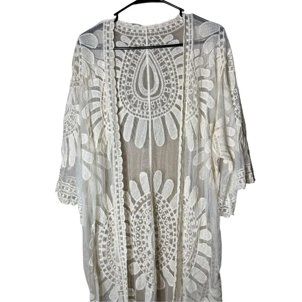 Lace Floral Duster Robe Beach Cover Festival Kimono Boho Cardigan Sheer One Size White Size undefined - Image 2