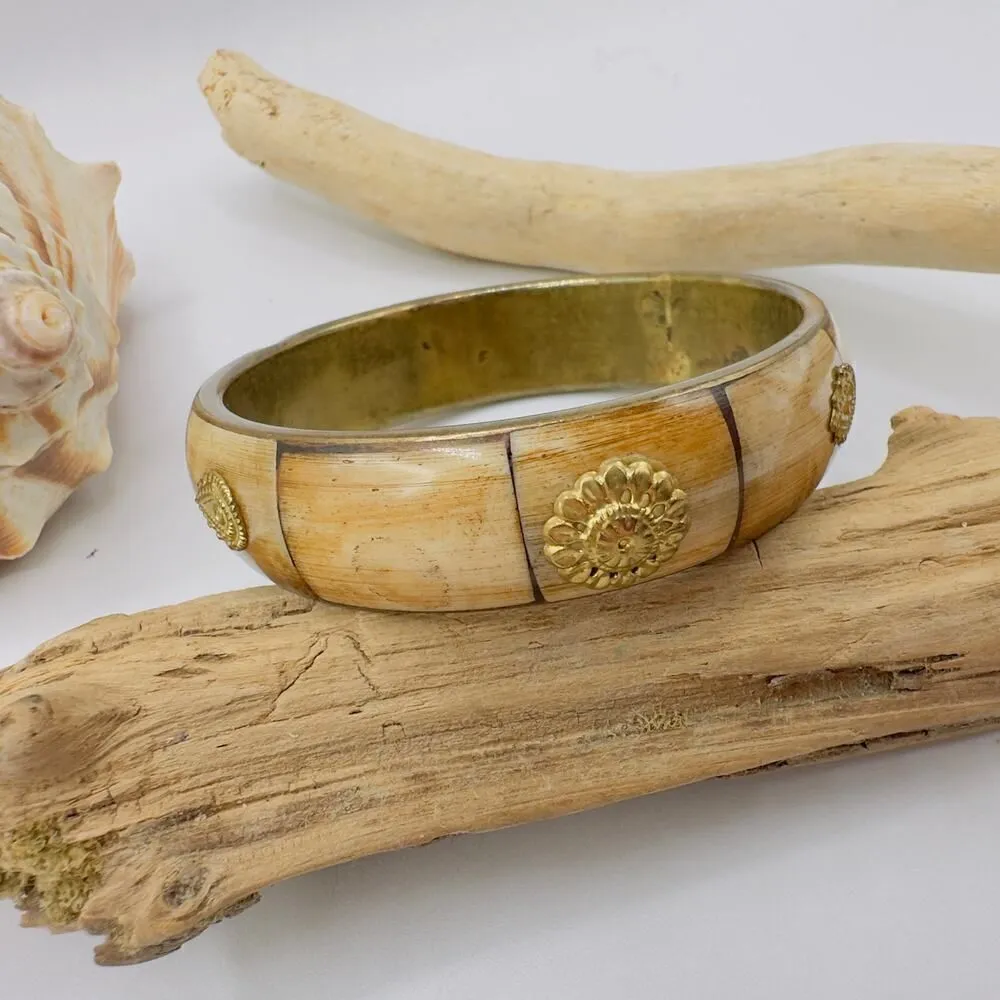 Vintage Brass Bone Inlay Bangle Bracelet Tan - Image 3