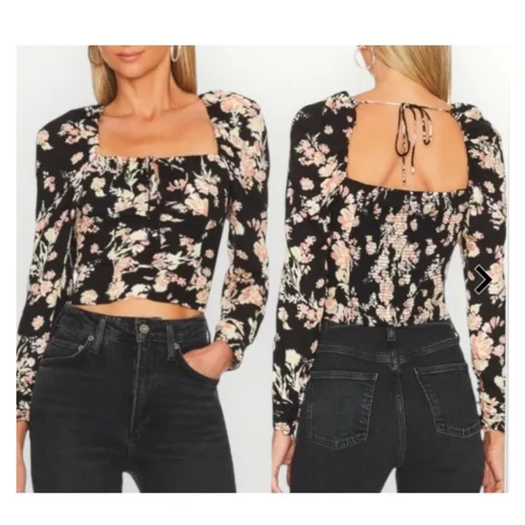 Free People Hillary Square Neck Poof Long Sleeve Floral Keyhole Crop Top M NWOT - Image 2