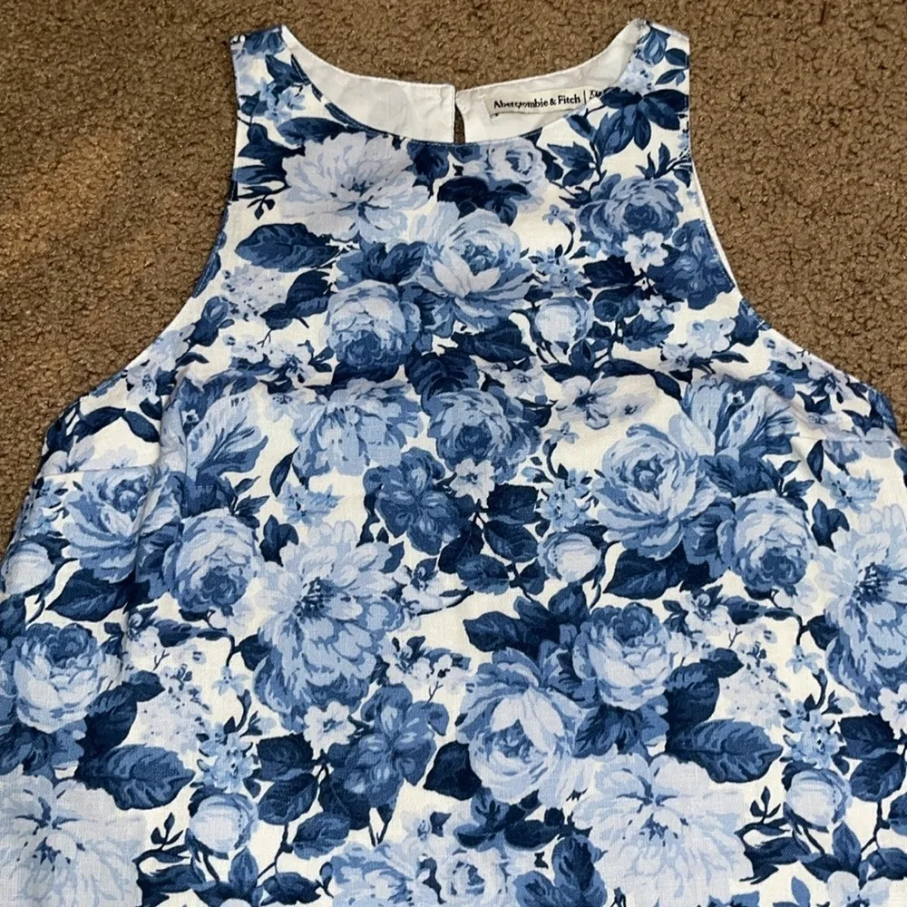 Abercrombie & Fitch High Neck Linen Blend Mini Dress‎ Blue White Floral XXS - Image 5