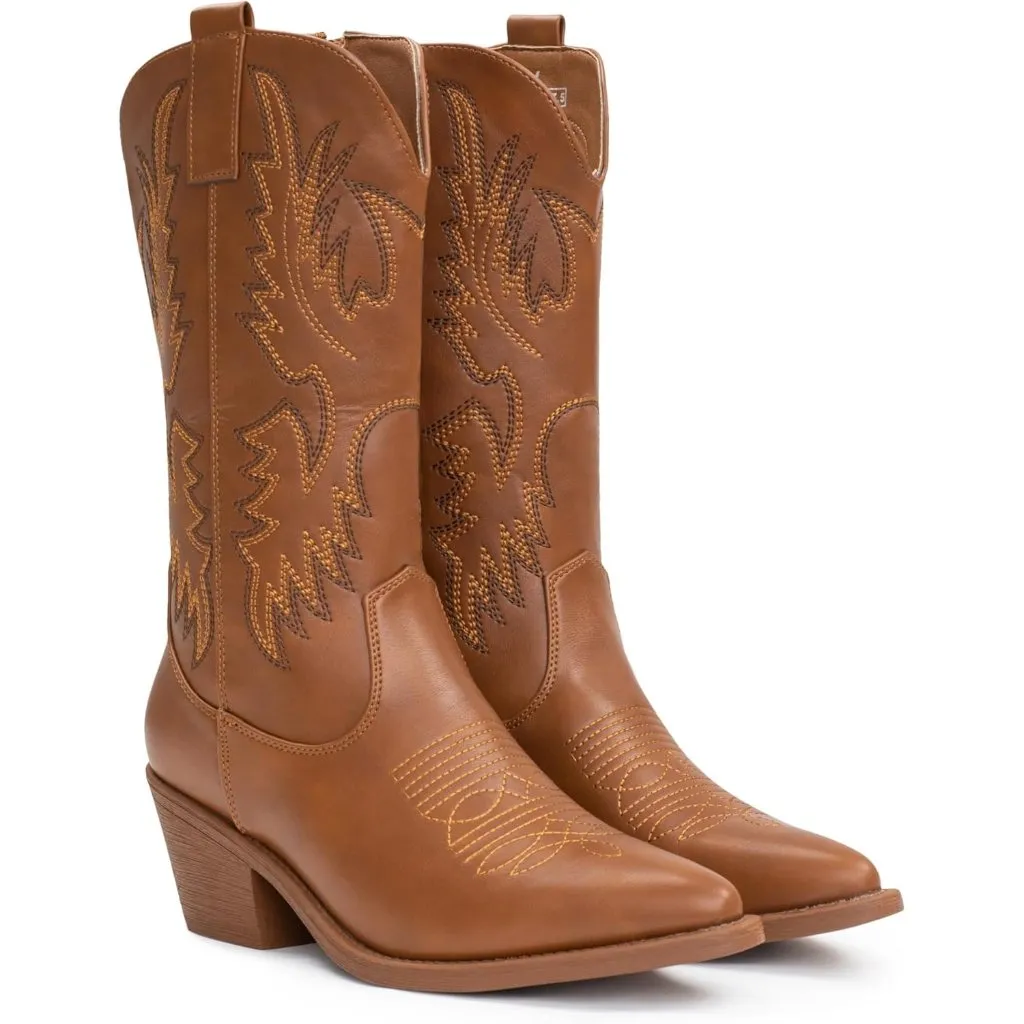 Women's Brown Embroidery Western Cowgirl Boots Pull On Pointy Toe Mid Calf Size 6 - Image 6