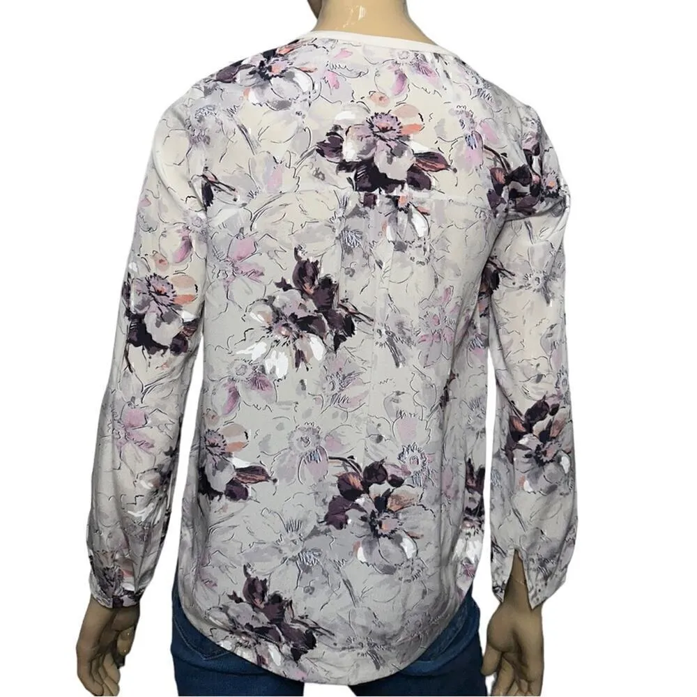 Rebecca Taylor Women’s Size 4 Pale Gray Purple Floral Long Sleeve Pop Over Top - Image 4