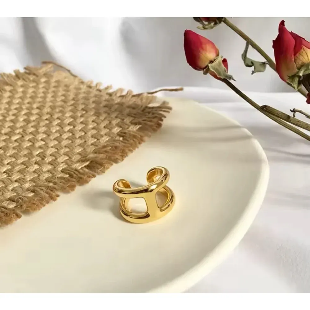 NEW Unisex H-Bar Ring, Gold‎ Plated S925 Band, Adjustable 10.5mm - Image 12