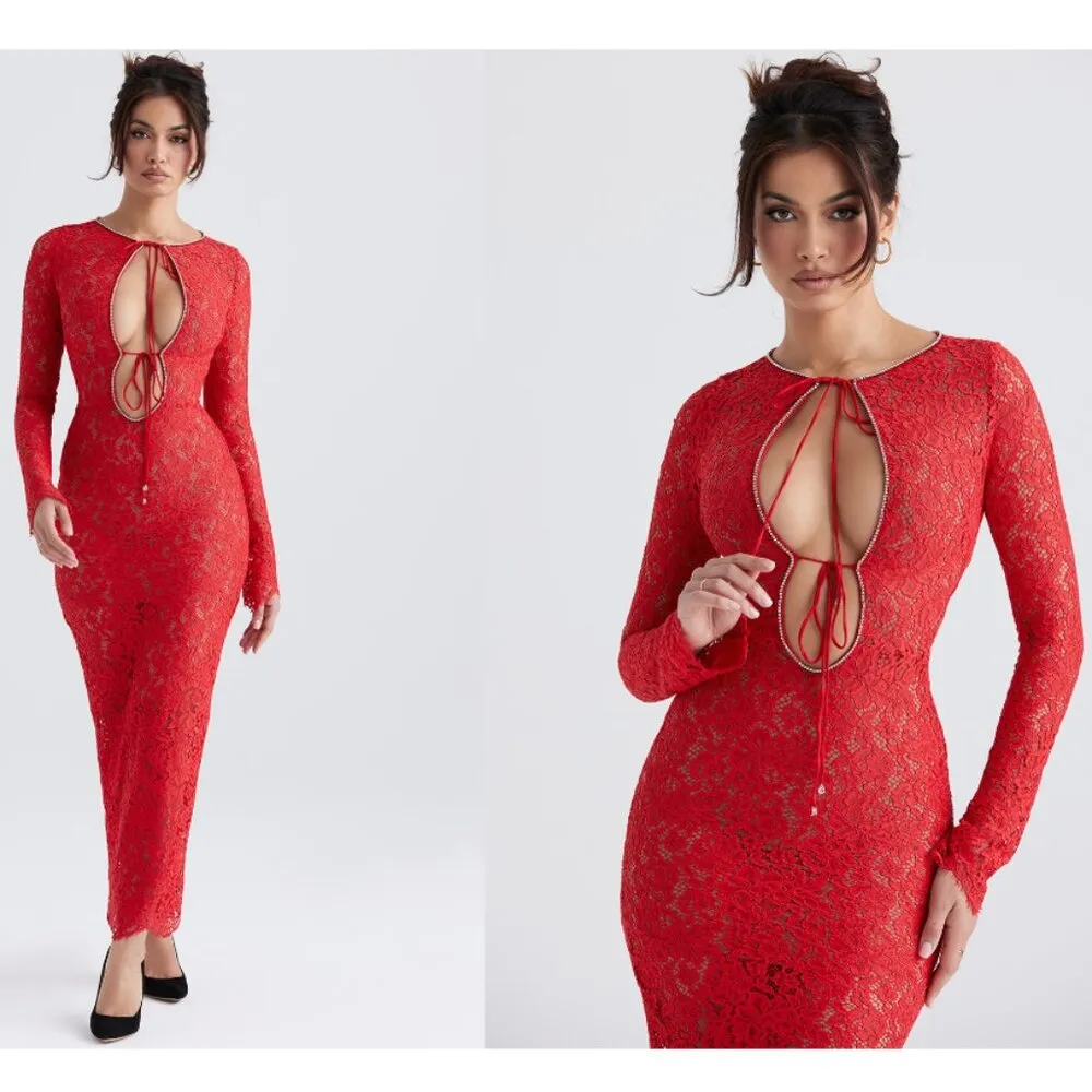 HOUSE OF CB‎ 'Lisandra' Red Lace Maxi Dress NWOT Size XS - Image 4