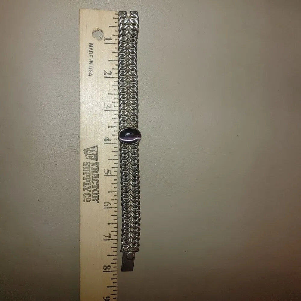 Sterling Silver Mexico Bracelet Simulated Purple Cats Eye Gemstone 925 Jewelry - Image 9