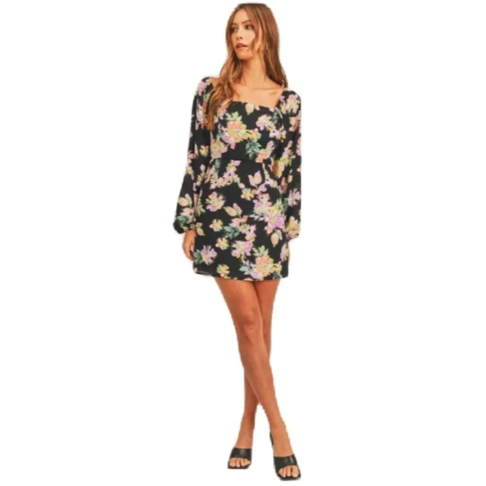 Lush NEW Square Neck Mini Dress Back Smocking Cutout Detail Dark Floral‎ Print - Image 4